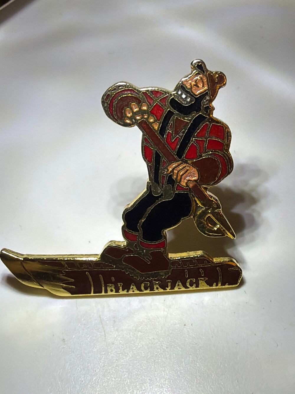 Vintage Blackjack Ski Resort Michigan Lumberjack Skiing Enamel Lapel Pin